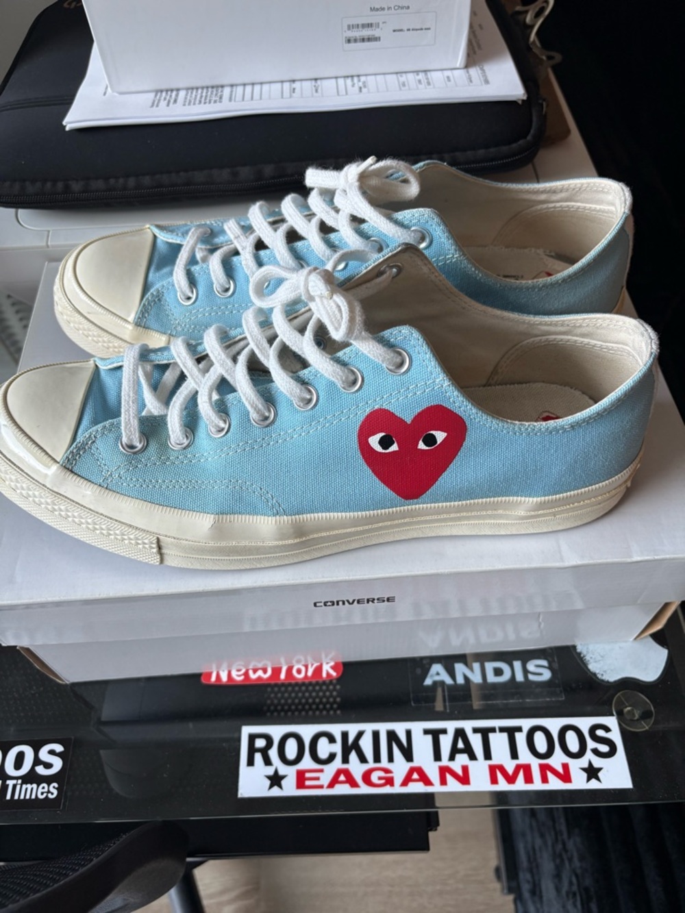 Comme des Garcons Light Blue Canvas Sneakers with Red Heart Logo